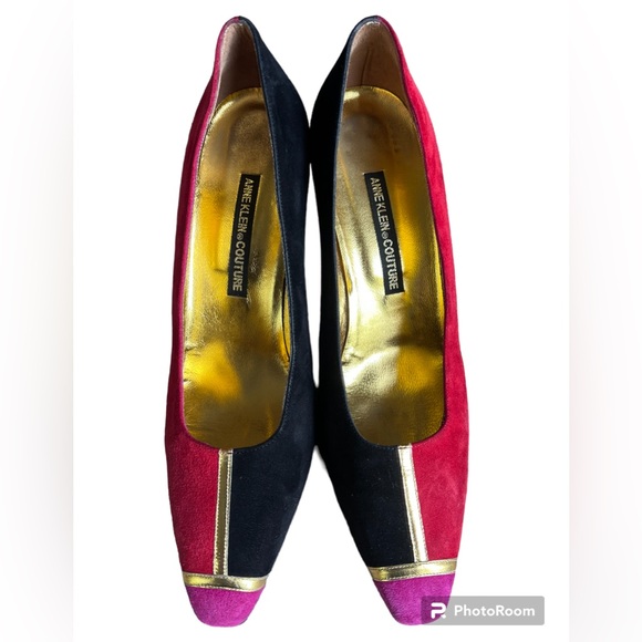 Anne Klein Couture Heels / Vintage 90S / Red Pink Black Colorblock Suede Heels - Picture 5 of 9